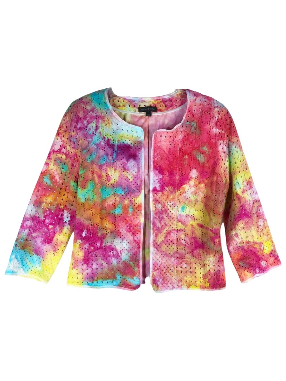 Willi Smith Multicolor Tie-Dye Eyelet Open Cardigan (Pink, Yellow, Blue, Orange)
